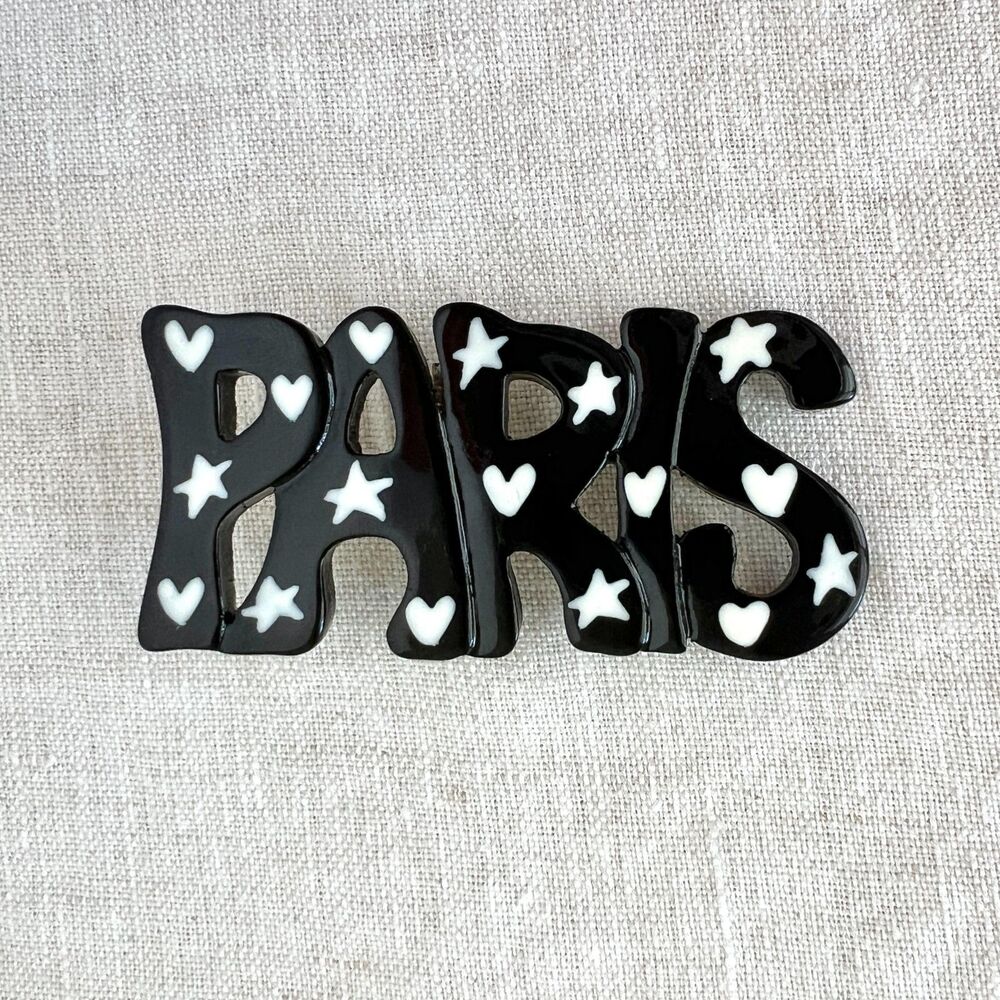 Vintage 80s Novelty Travel Souvenir PARIS Ceramic Black & White Art Pop Brooch